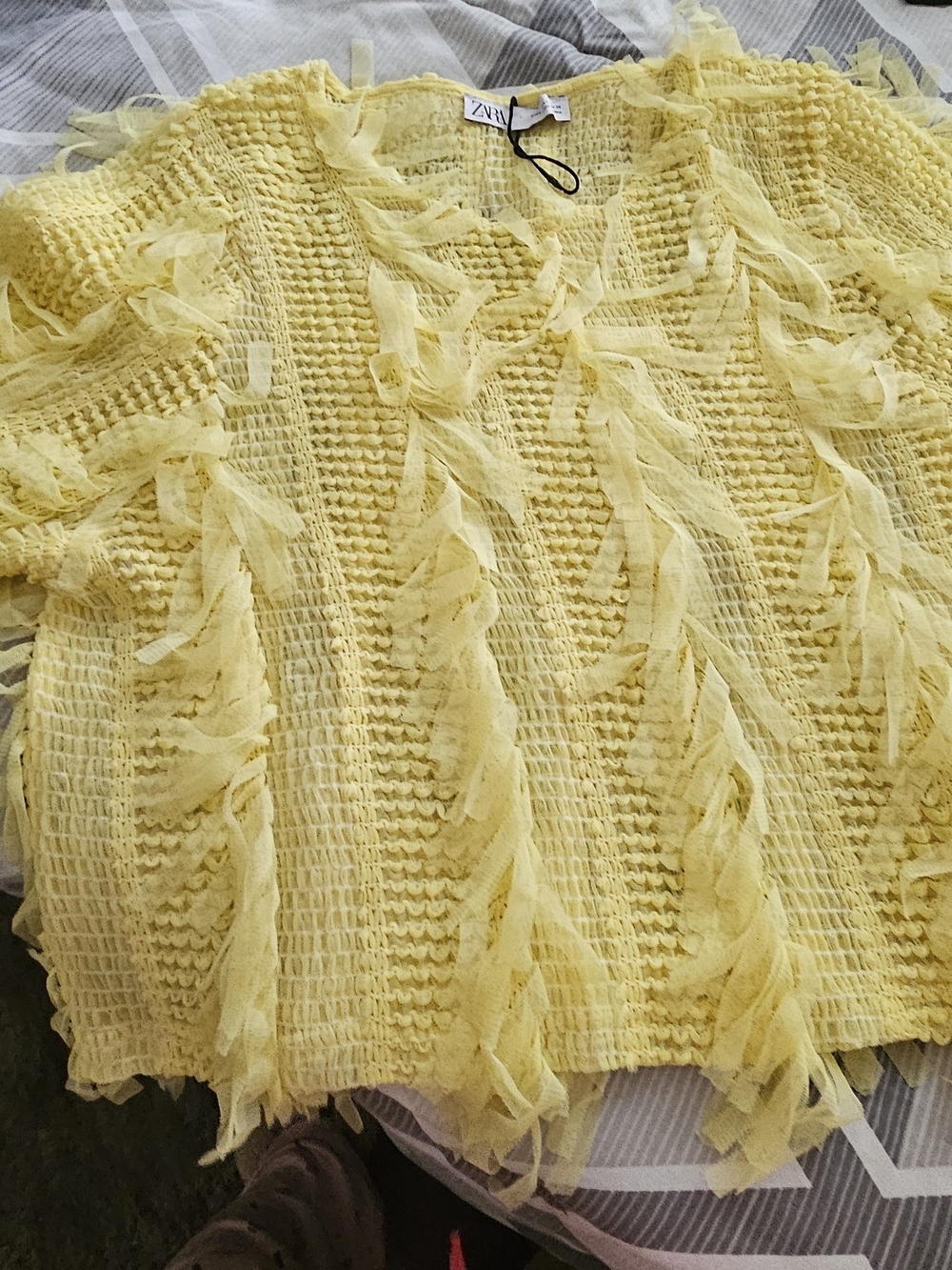 ZARA Pale Yellow Textured Fringe Crewneck Sweater